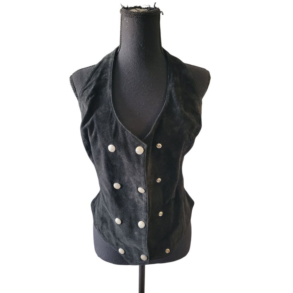 Harley-Davidson Black Double-Breasted Suede Vest with Silver Buttons